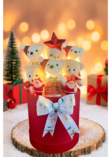 Yeniyıl Özel Seri: Premium Silindir Kutuda Yılbaşı Temalı LED Işıklı Yıldızlı -Noel Babalı, Özel Konsept Ayıcık Buketi