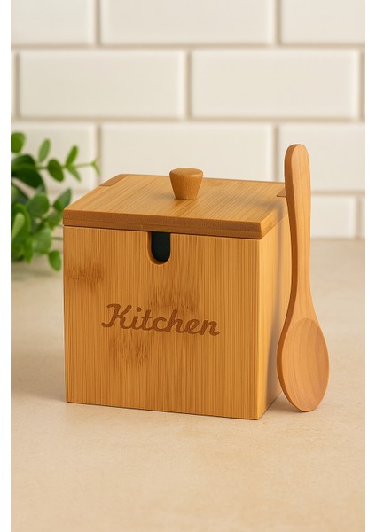 Bambu Kapaklı Kaşıklı Çok Amaçlı Baharat ve Tuzluk Kutusu – Kitchen Yazılı