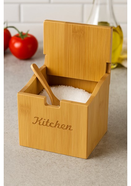 Bambu Kapaklı Kaşıklı Çok Amaçlı Baharat ve Tuzluk Kutusu – Kitchen Yazılı fiyatları