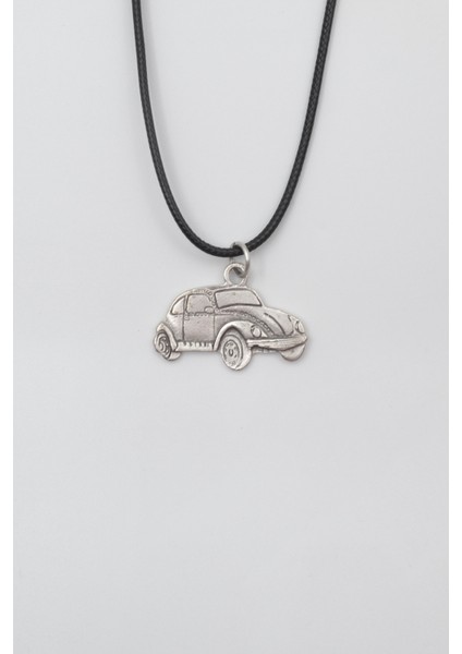 Nostaljik Vosvos Siyah Deri İp Kolye - Antik Gümüş Kaplama - Kadın Erkek - 60 cm