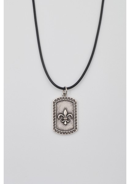 Fleur-de-lis Zambak Künye Kolye - PU Deri İp Zincirli Unisex Gümüş Kaplama - 60 cm