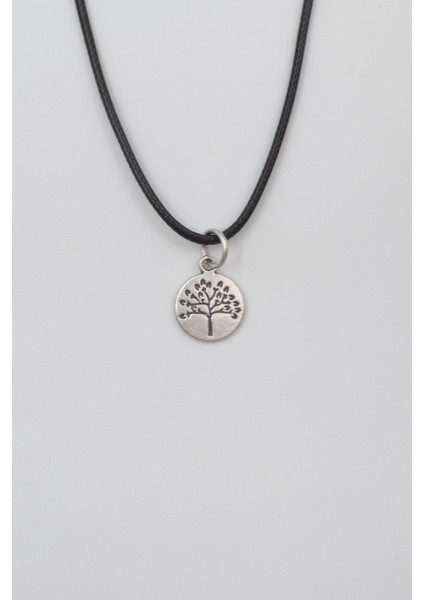 Yuvarlak Hayat Ağacı Siyah Deri Ip Kolye - Antik Gümüş Kaplama - Kadın Erkek - 60 cm