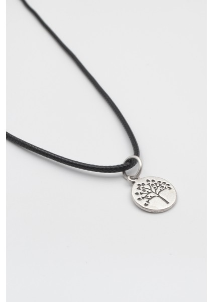 Yuvarlak Hayat Ağacı Siyah Deri Ip Kolye - Antik Gümüş Kaplama - Kadın Erkek - 60 cm fiyatları