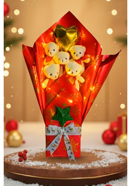 Premium Özel Yeniyıl - Yılbaşı Konsepti LED Işıklı Romantik Kırmızı - Beyaz Peluş Ayıcık Buketi-Sevdiklerinize Özel...