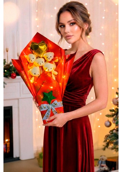 Premium Özel Yeniyıl - Yılbaşı Konsepti LED Işıklı Romantik Kırmızı - Beyaz Peluş Ayıcık Buketi-Sevdiklerinize Özel... fiyatları