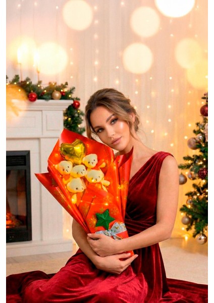 Premium Özel Yeniyıl - Yılbaşı Konsepti LED Işıklı Romantik Kırmızı - Beyaz Peluş Ayıcık Buketi-Sevdiklerinize Özel... modelleri