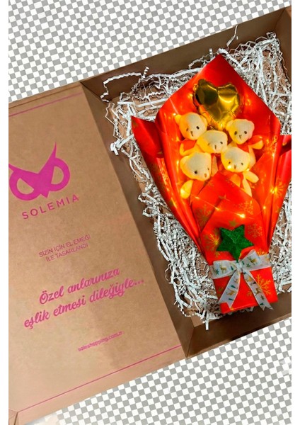 Premium Özel Yeniyıl - Yılbaşı Konsepti LED Işıklı Romantik Kırmızı - Beyaz Peluş Ayıcık Buketi-Sevdiklerinize Özel... fırsatları