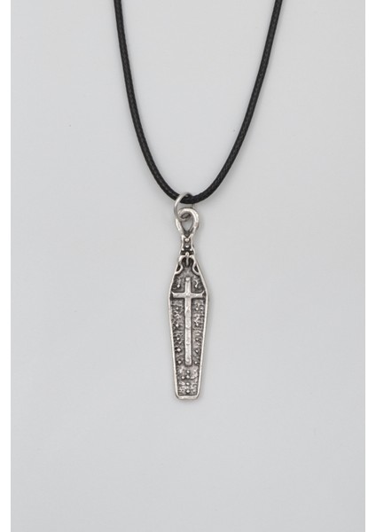 Gotik Haçlı Tabut Siyah Deri İp Kolye - Antik Gümüş Kaplama - Kadın Erkek - 60 cm