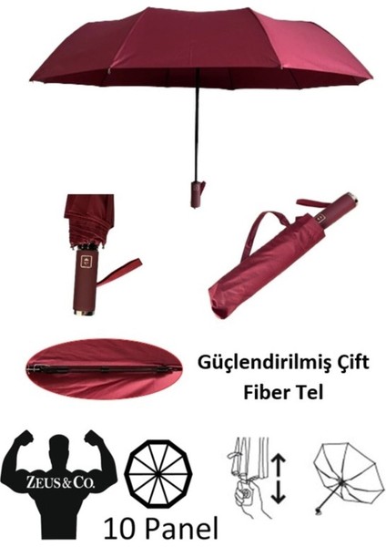 Bordo Rüzgarda Kırılmaz, Ekstra Güçlü, Tam Otomatik Dayanıklı Şemsiye