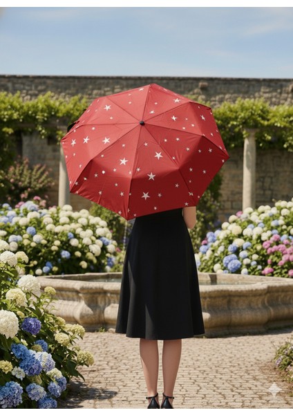 Kırmızı 8 Telli Otomatik Rüzgar Dayanıklı Yıldız Desenli Şemsiye