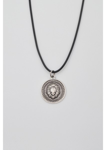 Aslan Madalyon Kolye - PU Deri İp Zincirli Unisex Gümüş Kaplama Kolye - 60 cm