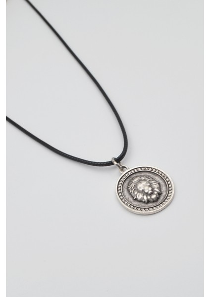 Aslan Madalyon Kolye - PU Deri İp Zincirli Unisex Gümüş Kaplama Kolye - 60 cm fiyatları