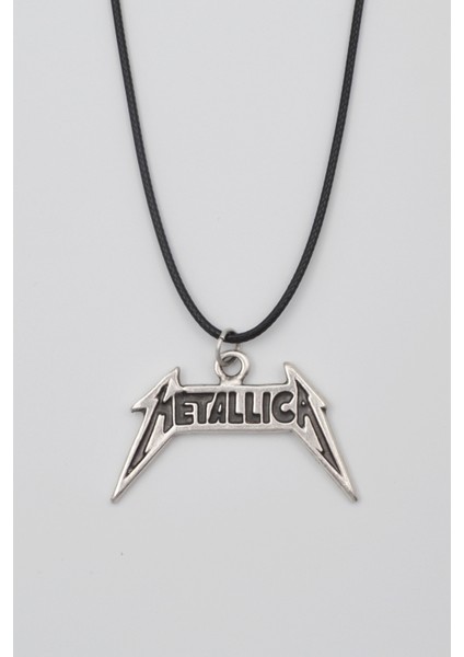 Metallica Yazılı Kolye - PU Deri İp Zincirli Unisex Gümüş Kaplama - 60 cm