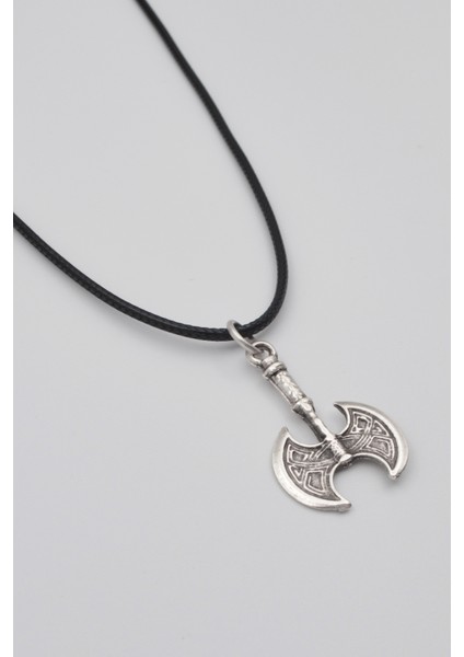 Viking Çift Taraflı Balta Kolye - Pu Deri Ip Zincirli Unisex Gümüş Kaplama - 60 cm fiyatları