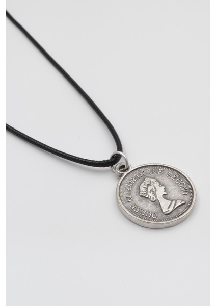 Kraliçe Elizabeth II (Genç Portre) Siyah Deri İp Kolye - Antik Gümüş Kaplama - Kadın Erkek - 60 cm fiyatları