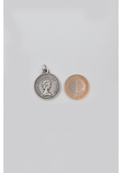 Kraliçe Elizabeth II (Genç Portre) Siyah Deri İp Kolye - Antik Gümüş Kaplama - Kadın Erkek - 60 cm indirimleri