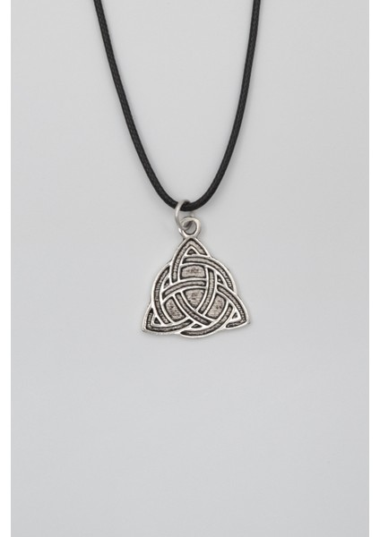 Triquetra - Kelt Düğümü Siyah Deri İp Kolye - Antik Gümüş Kaplama - Kadın Erkek - 60 cm