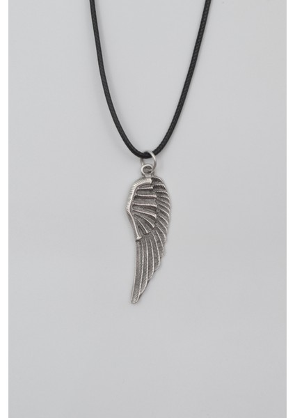 Melek Kanadı Siyah Deri İp Kolye - Antik Gümüş Kaplama - Kadın Erkek - 60 cm