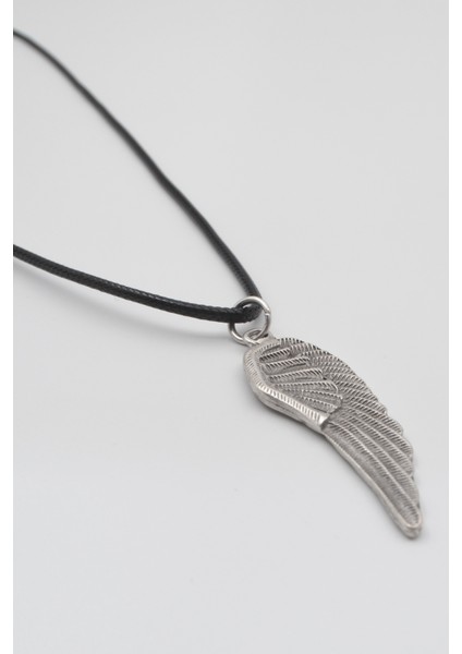Melek Kanadı Siyah Deri İp Kolye - Antik Gümüş Kaplama - Kadın Erkek - 60 cm fiyatları