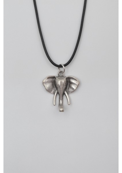 Fil Kafası KolyeSiyah Deri İp Kolye - Antik Gümüş Kaplama - Kadın Erkek - 60 cm