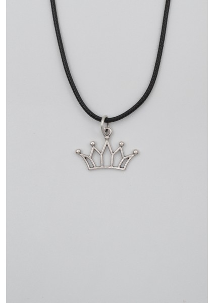 Taç Siyah Deri İp Kolye - Antik Gümüş Kaplama - Kadın Erkek - 60 cm