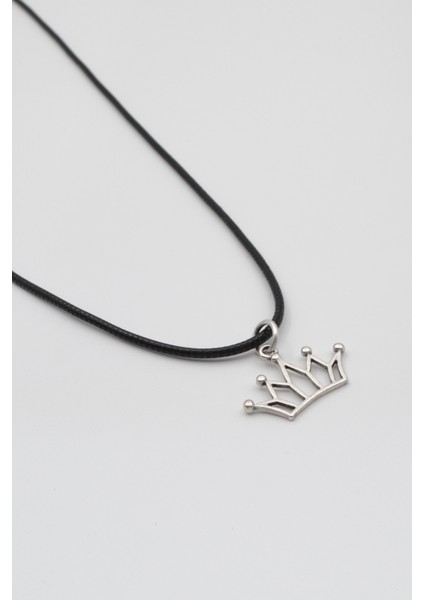Taç Siyah Deri İp Kolye - Antik Gümüş Kaplama - Kadın Erkek - 60 cm fiyatları