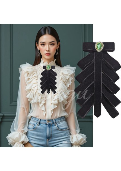 Yeşil Damla Taş I Çok Katlı Siyah Kadife El Yapımı Broş