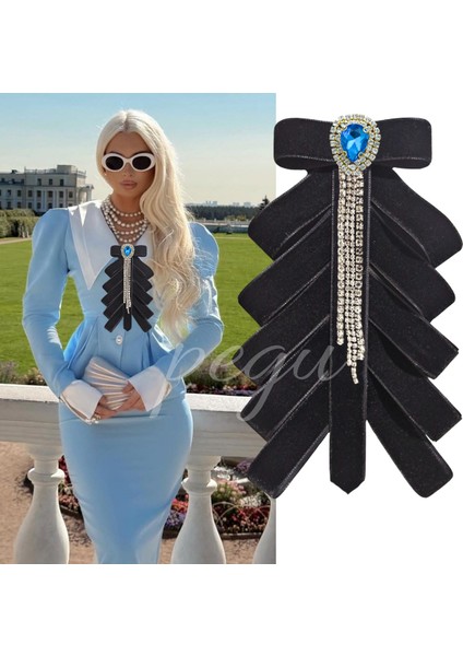 Turkuaz Damla Taş Çok Katlı Siyah Kadife El Yapımı Broş