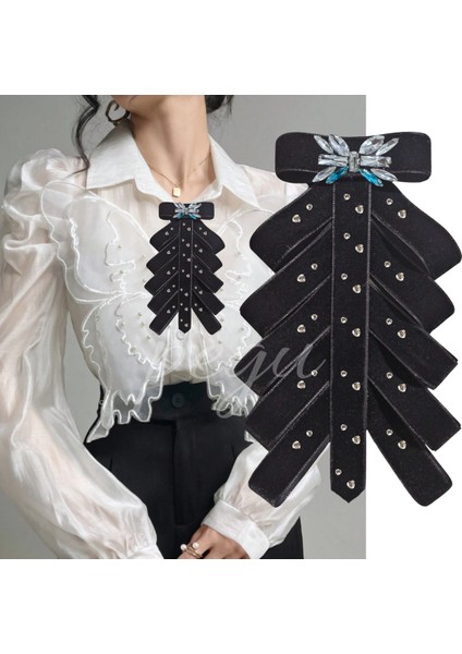 Turkuaz Damla Taş Çok Katlı Siyah Kadife El Yapımı Broş