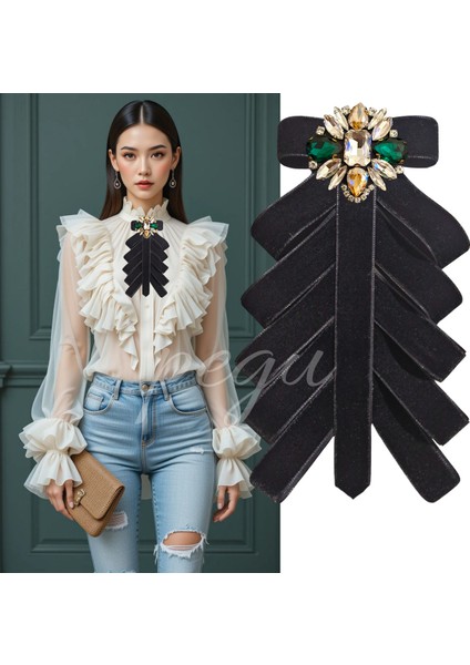 Özel Tasarım Kristal Kesim Taşlı Siyah Kadife Çok Katlı Broş