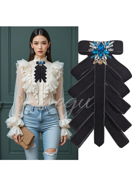 Zümrüt Damla Taş I Çok Katlı Siyah Kadife El Yapımı Broş