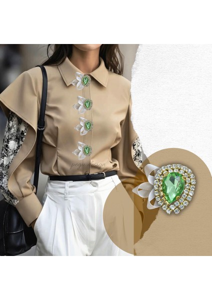 2 Adet Fıstık Yeşil Damla Taş Trend Düğme Broş , Düğme Geçirme Aparatlı