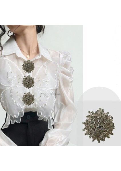 2 Adet Gri Boncuklu Trend Düğme Broş , Düğme Geçirme Aparatlı