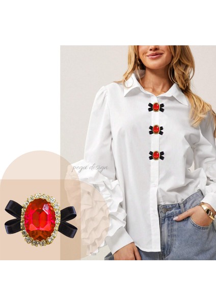 2 Adet Kurdelalı Kırmızı Oval Kristal Taşlı Trend Düğme Broş , Düğme Geçirme Aparatlı