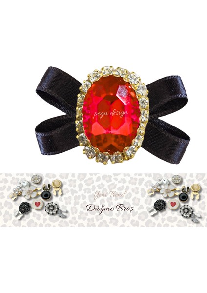 2 Adet Kurdelalı Kırmızı Oval Kristal Taşlı Trend Düğme Broş , Düğme Geçirme Aparatlı fiyatları