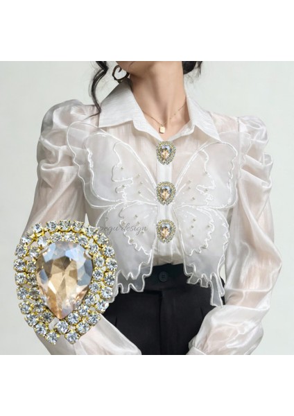 Bal Rengi Kristal Damla Taş 1 Adet Trend Düğme Broş , Düğme Geçirme Aparatlı