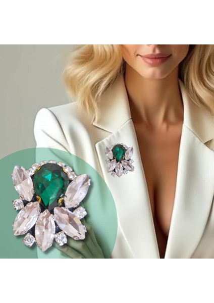 Zümrüt - Gümüş Renk Zirkon Taşlı El Yapımı ,yaka Broş,yaka Çiçeği,okul,iş,hediyelik