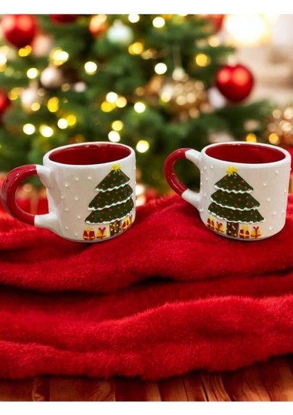 Yılbaşı Çam Ağacı Temalı Kırmızı Beyaz Renk Çay Kahve Fincanı Kupa Mug El Yapımı fiyatları