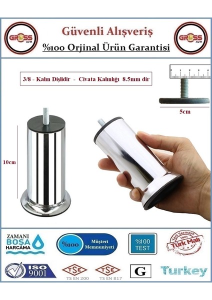 Koltuk, Yatak, Mobilya, Baza Ayağı 10cm - 3/8 Kalın Diş - 2 Adet