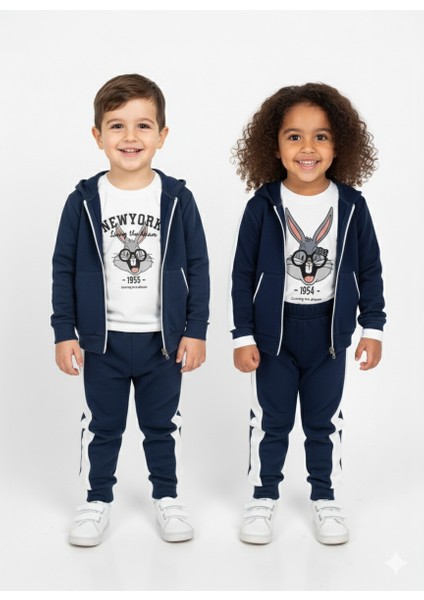 Çocuk Tavşan Kulaklı Kapüşonlu Sweatshirt ve Eşofman Altı Takım Pamuklu