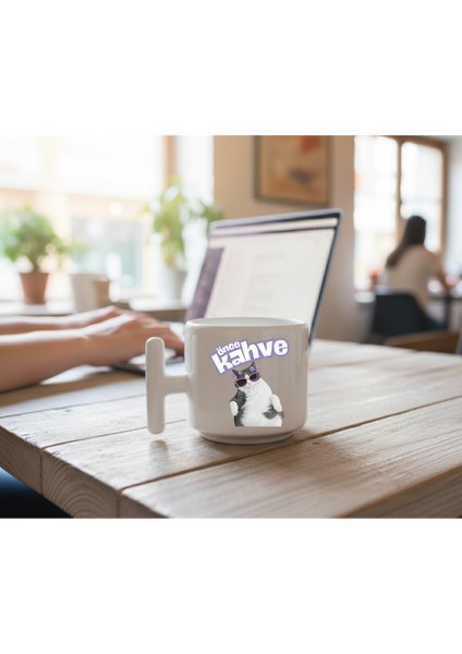Önce Kahve -Kedi Baskılı Porselen Kupa-T Kulplu Kupa-Motto-Hediye