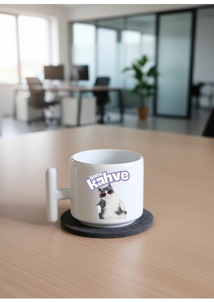 Önce Kahve -Kedi Baskılı Porselen Kupa-T Kulplu Kupa-Motto-Hediye modelleri