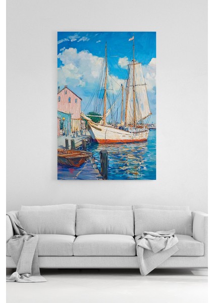 Deniz Manzaralı Kanvas Tablo, Tekne Yat Liman, Yağlı Boya Görünümlü, %100 Pamuk Dokulu