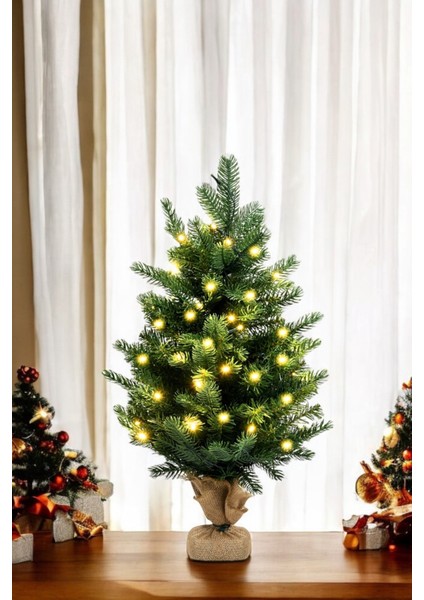 40 cm LED Işıklı Yılbaşı Çam Ağacı Kütük Tabanlı Jüt Ipli Masaüstü