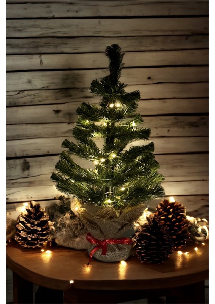 40 cm LED Işıklı Yılbaşı Çam Ağacı Kütük Tabanlı Jüt Ipli Masaüstü