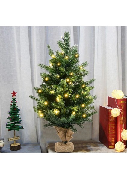 40 cm LED Işıklı Yılbaşı Çam Ağacı Kütük Tabanlı Jüt Ipli Masaüstü