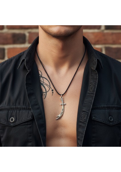 Zülfikar Ya Ali Kılıcı Gümüş Kaplama Deri İp Kolye