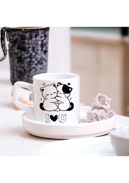 Sevimli Çift Kedili I Love U Tasarımlı Türk Kahve Fincanı – Hediyelik Tekli Fincan