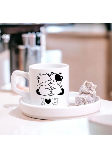 Sevimli Çift Kedili I Love U Tasarımlı Türk Kahve Fincanı – Hediyelik Tekli Fincan fiyatları