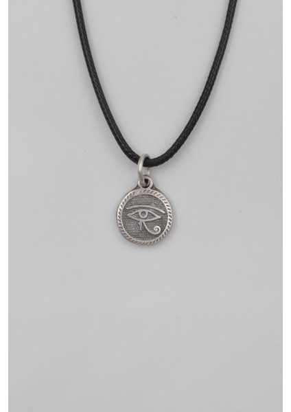 Horus'un Gözü Siyah Deri İp Kolye - Antik Gümüş Kaplama - Kadın Erkek - 60 cm